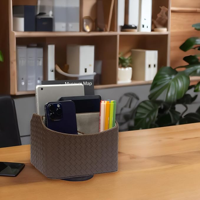 UnionBasic Rotating Desk Organizer, 360 Desk Spinning Caddy, Desktop TV Guide/Mail/Media/Remote Controller Holder Organizer, Woven Coffee