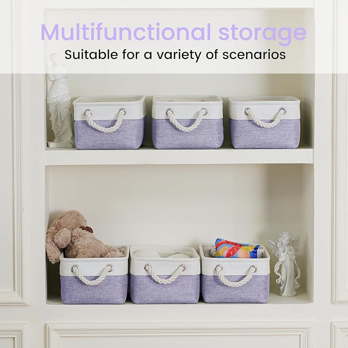 Storage Baskets for Shelves 11.8x7.9x5.2 Inch, Foldable Fabric Storage Bins with Handles, Small Storage Baskets for Organizing Closet, Office, Home Organization (3-Pack, White&Purple)