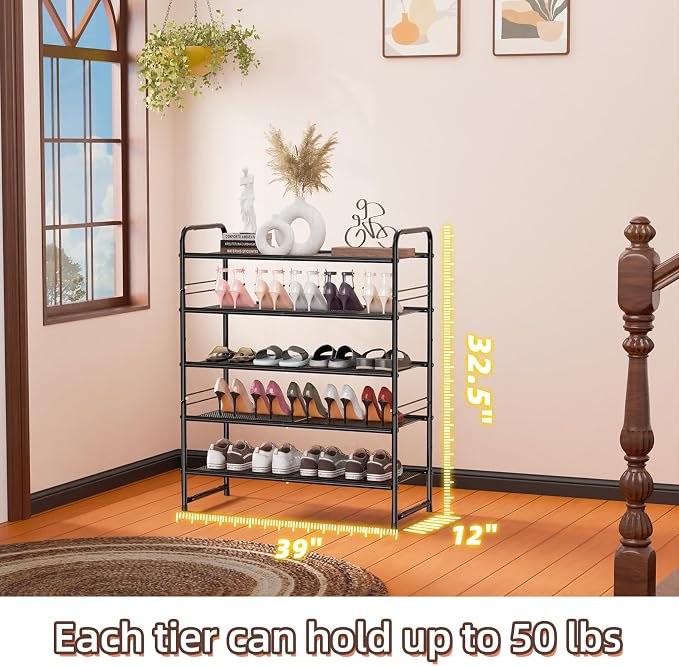 SUFAUY 5-Tier Mesh Shoe Rack, Closet Metal 33" Wide Shoe Shelf Heavy Duty, Black