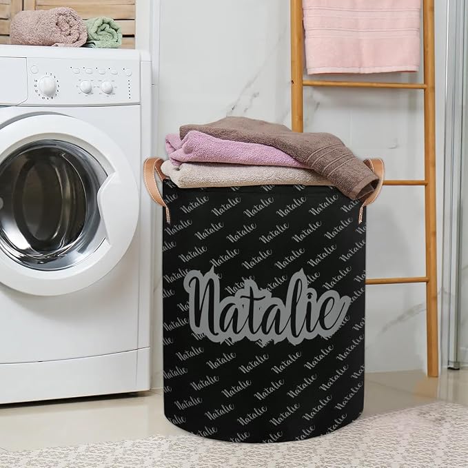 Personalized Laundry Basket, Custom Gift Laundry Hamper, Collapsible Nursery Waterproof Laundry Baskets, Dirty Clothes Toy Hamper with Handles Name Text Gray
