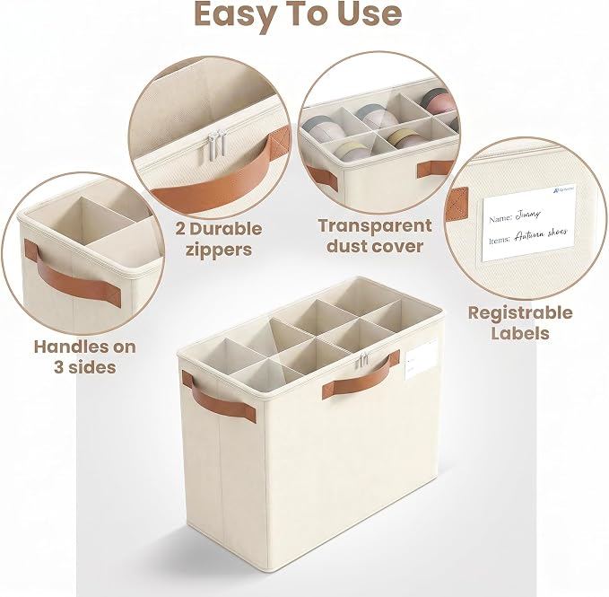 Varhomax Shoe Organizer Box for Closet, Small Fabric Shoe Storage Bin with Adjustable Dividers & Clear Cover, Saving Space Sneakers & Sandals Containers for Entryway, Cubby, Beige