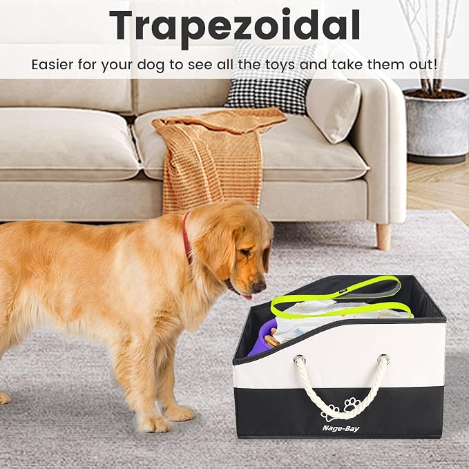 Large Dog Toy Basket with Handle, Foldable Dog Toy Box for Living Room Area , 20" Basket for Dog's Supplies, Organizer and Storage with Hard Board, Anti-Slip for Pet Toys (Black, Medium 20"×15")