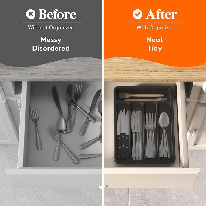 Lifewit Silverware Organizer with Lid, Covered Utensil Tray for Kitchen Drawer and Countertop, Plastic Cutlery and Flatware Storage Box for Spoons Forks Knives Holder Case, 23 x 32 cm, Black