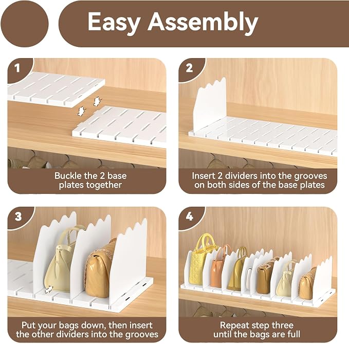 SOYO Adjustable Purse Organizers for Closet, Acrylic Shelf Divider for Bag and Purse Storage, Pocketbook and Handbag Organizer, Bookshelf Separator Organizers for House, Office Use, White，2pc