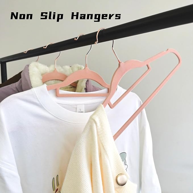 Pink Velvet Hangers 50 Pack - Adult Hangers Rose Gold Hook, Space Saving Non-Slip Clothes Hangers, 16.5 Inch with Tie Bar for Coats,Sweater,Jackets,Dresses, Shirts, Suits & T-Shirts