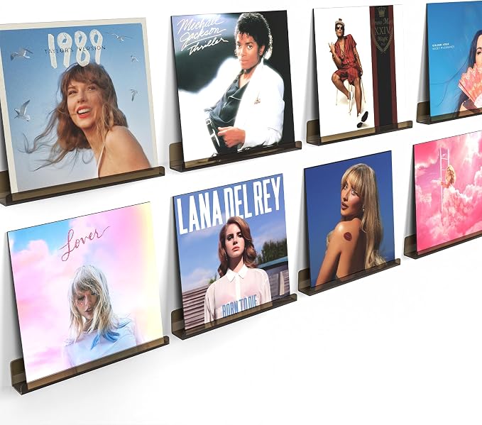 Vinyl Record Wall Mount Shelves, 12 inch Vinyl Holder, 8 Pack, Black | Acrylic Floating Shelves for Album Record Storage Display, Wall Decor, Magazine Rack, Kids Bookshelf, Picture Ledge