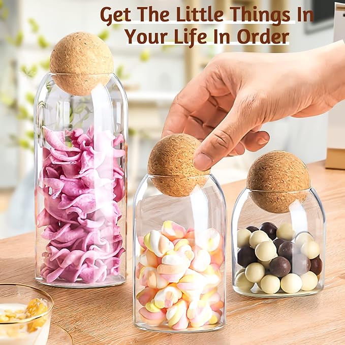 SuproBarware 3Pcs Glass Jar with Round Ball Cork,Coffee Bean Jar Glass Cork Clear Glass Bottles with Cork Glass Canisters for Food, Coffee, Sugar, Spice, Tea,DIY (500ml / 700ml / 1000ml)