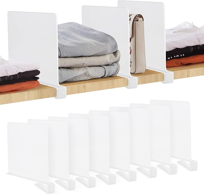 White Acrylic Shelf Dividers for Closets Organizer & Storage,8 Pack | Adjustable Vertical Wood Shelf Closet Separators, Keep Clean, for Clothes,Book,Bags, in Bedroom and Kitchen