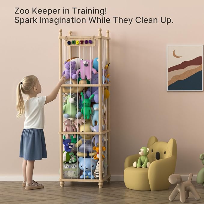 Stuffed Animal Storage Zoo, 57" Tall Solid Pine Wood Toy Organizer with Exclusive 3D Sign, Large Vertical Plushie Cage Holder with Elastic Cords for Playroom Corner & Nursery Decor XL