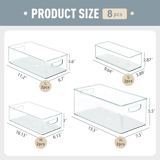 Heyuzb 8 PACK Freezer Organizer Bins Fridge Organizers and Storage Stackable Refrigerator Organizers Bins with Side Handles Clear Storage Bins for Pantry, Under Sink, Kitchen Cabinet