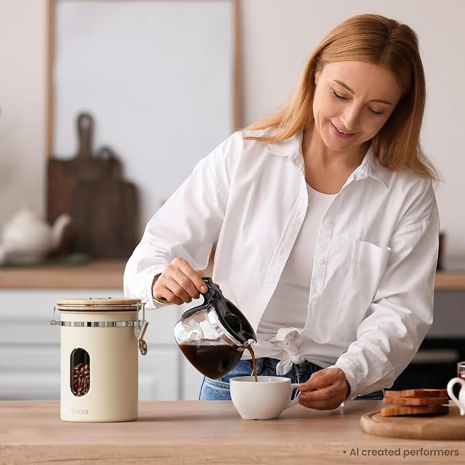 Veken Coffee Sugar Canister with Window, Gifts For Women,Airtight Stainless Steel Kitchen Food Storage Container Gift, Date Tracker & Scoop for Ground, Beans,Tea,Flour,Cereal, 22OZ, Cream