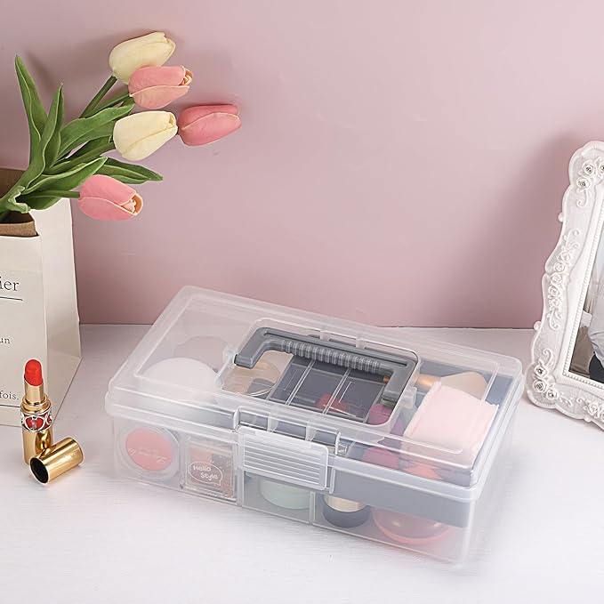 JUXYES Clear Art Craft Supply Storage Bin Sewing Box With Handle Lid | Clear Stackable Latching Craft Storage Bin for School Office, Organizing Stationery, Sewing, Art Craft, DIY Supplies