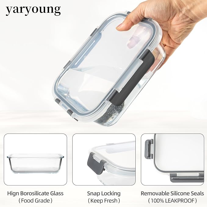 16Pack Glass Meal Prep Containers 8 Bowls with 8 Airtight Grey Lids 2 Sizes | Borosilicate glass food storage set for lunch, leftovers & portion control — microwave/freezer/dishwasher safe, leak-proof