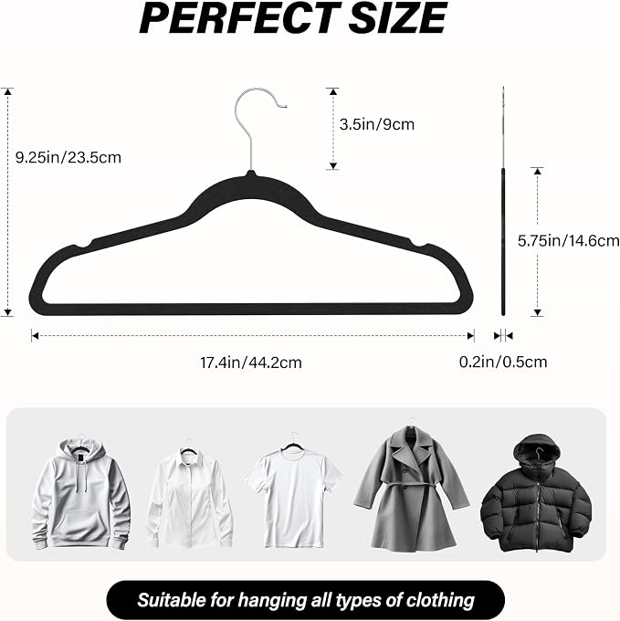 Simple Deluxe Velvet Hangers 50 Pack, Non-Slip Clothes Hangers with Shoulder Notches, 360° Swivel Hooks, Heavy Duty Coat Suit Hangers for Closet Space Saving, Black