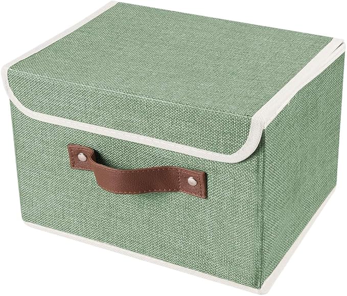 2Pack Storage Bins Boxes with Lids 10" x 8" x 7" Decorative Storage Baskets | Cotton Linen Fabric, Collapsible, Faux Leather Handles, Storage Cubes, Closet Shelf Clothes Organizer Container, Green
