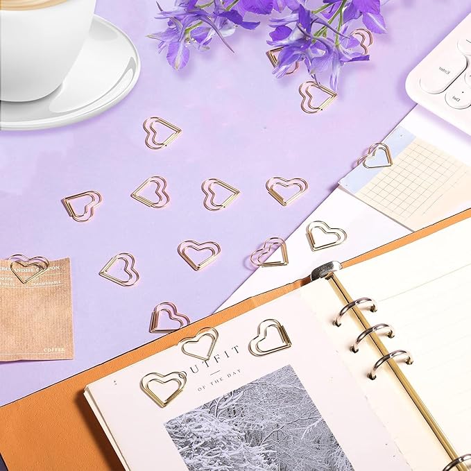 Adullpony Cute Metal Heart Paper Clips: Love Shape Gold Binder Paperclips Mini Bookmark 100Pcs Document Note Sorting Organizer for Wedding Decorative Office Supplies