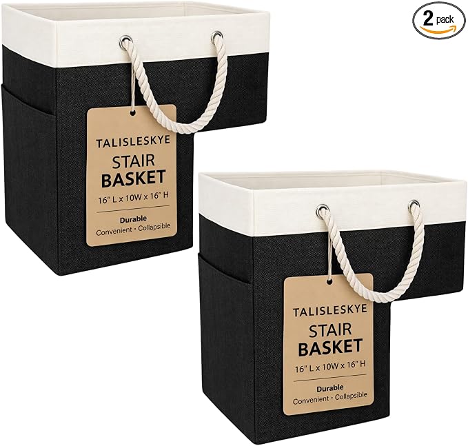 Stair basket,Foldable staircase baskets,Step stairs storage baskets with handle,2pcs black