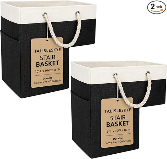 Stair basket,Foldable staircase baskets,Step stairs storage baskets with handle,2pcs black