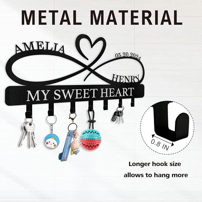 Dyoart Personalized Key Holder Wall Mount, Custom Couple's Name Key Holder for Wall, Love Shape Wedding Couple Gifts, Metal Key Rack Coat Rack, Key Rack Organizer for Bedroom Hallway Decor