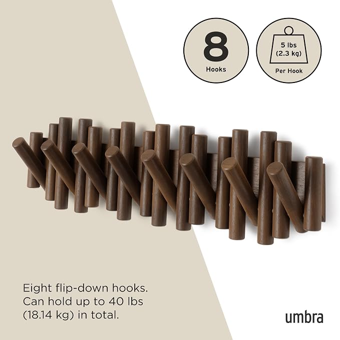 Umbra Picket Coat Rack with 8 Hooks – Walnut Wall-Mounted Coat Rack with Flip-Down Wooden Hooks, Real Pine Wood Decorative Wall Storage for Jackets, Hats, Scarves, Bags, Entryway, Bedroom Living Room