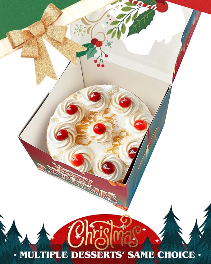qiqee Christmas 10x10x5 Cake Box, 4 Sets Christmas Cake Box with Window ＆ 4 Sets 10 Inch Christmas Snow House Cake Round Boards, 10 Inch Cake Containers