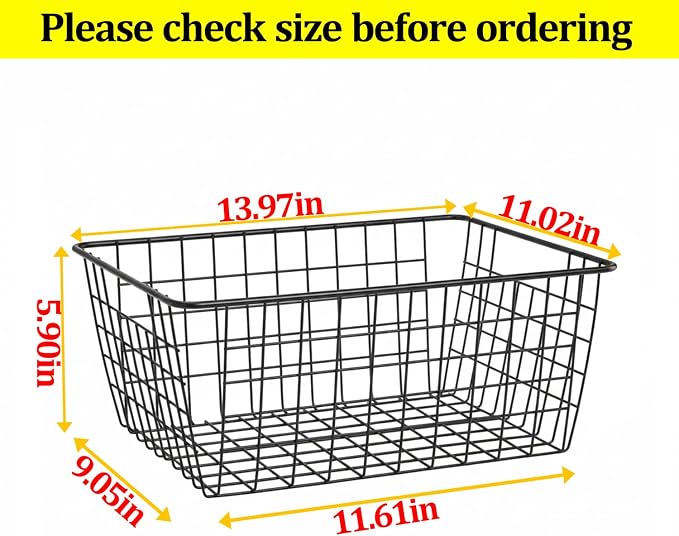 Kitchen Wire Baskets Farmhouse Decor Metal Food Storage Organizer,Household Refrigerator Bin with Built-in Handles for Cabinets,Pantry,Bathroom,Black