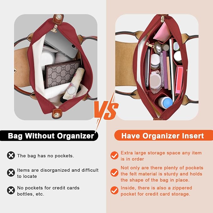 LOUKAYCCI Purse Organizer Insert for Longchamp Le Pliage M Handbag Insert Felt Long Champ Tote Bag Organizer Insert with Cup (BurGundy, Medium)