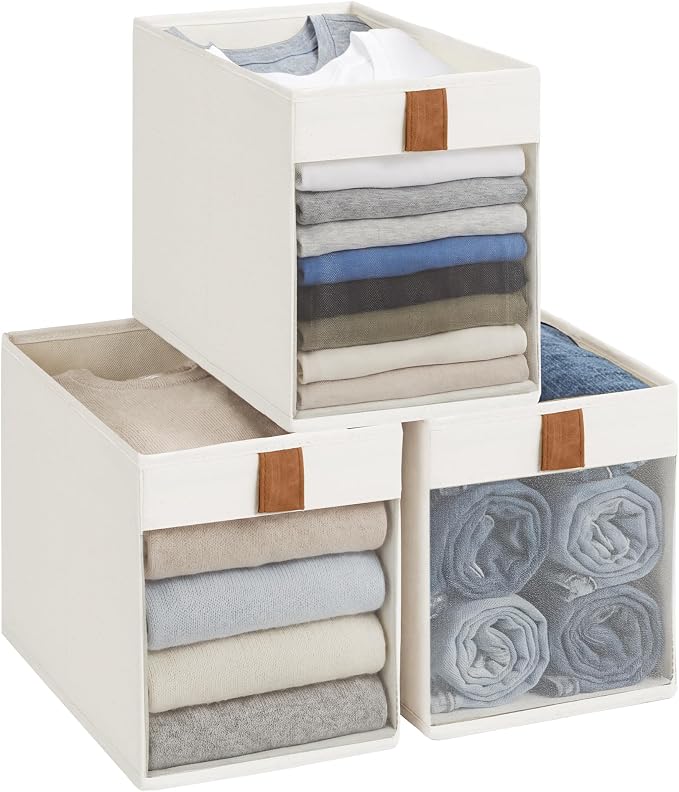 StorageWorks Fabric Storage Bins with Clear Window, Closet Organizer and Storage Bins for Clothes, Collapsible Storage Baskets with PU Handles, Narrow Storage Bin, Beige, 3-Pack