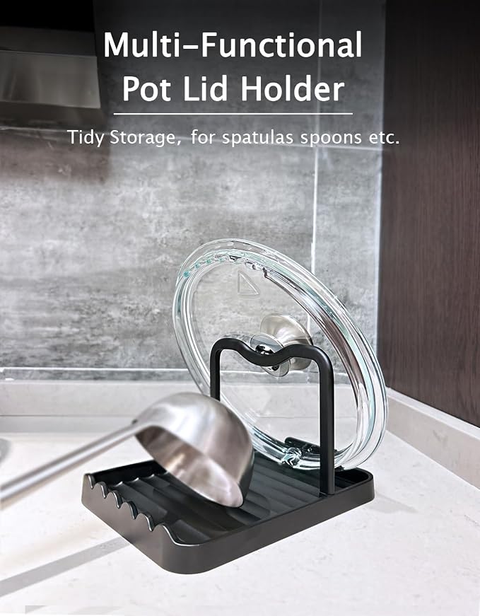 Anti-Rust Metal Spoon Rest with Lid Holder, Heat-Resistant Pot Lid Rest, Multifunctional Spatula Holder While Cooking for Stovetop and Kitchen Counter – Black