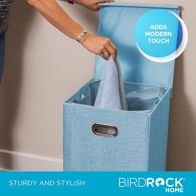 BIRDROCK HOME Laundry Hamper with Lid | Removable Bags for Sorting Clothes | Sectioned Laundry Basket for Bedroom & Bathroom | Collapsible Storage Bin with Cover | Single, Light Blue