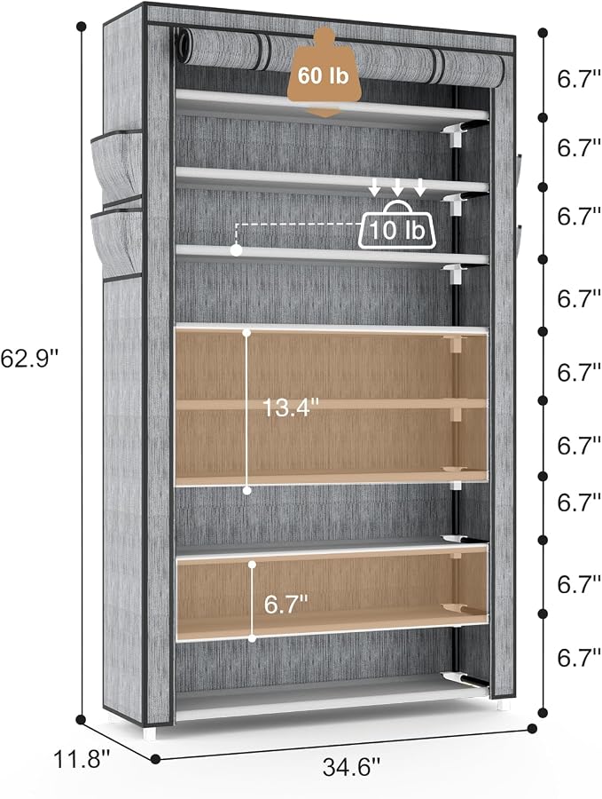 VILICK Shoe Rack with Cover Narrow Shoe Organizer with Pockets 10 Tier Tall Shoe Storage Holds 36-41 Pairs Shoes and Boots Shoe Rack for Closet Entryway Garage, Printing