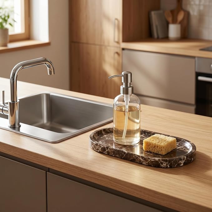 YKAJO Crystal Coffee Brown Oval Marble Tray, 9.8x4.7 Vanity Organizer Dish | Honed natural stone; jewelry & trinket dish, ring & key holder, soap & candle catchall; bath counter, dresser, coffee table