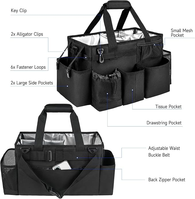Cleaning Caddy Bag, Large Cleaning Supplies Organizer for Housekeepers, Housekeeping Caddy with Handle and Detachable Padded Cushion, Black