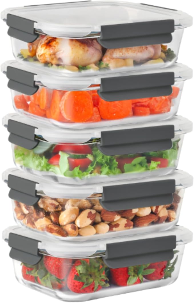 ECOBERI Glass Meal Prep Containers, 5 Piece 4.5 Cup Set, Borosilicate Glass Food Storage with Leak-Resistant Lids, Oven, Microwave, Freezer and Dishwasher Safe