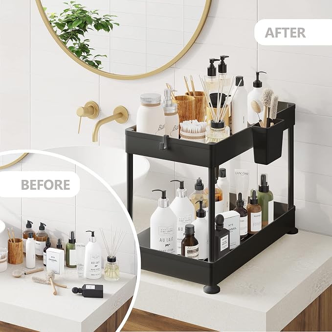 Under Sink Organizers and Storage | Bathroom Cabinet Organizer, Sink Shelf with Utility Hooks and Side Caddy for Under Cabinet Storage | Black (2-Pack) Non Slip Grip Under Kitchen Sink Organizer