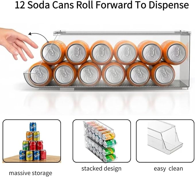 Adjustable Soda Can Dispenser for Refrigerator –Expandable Width PET Drink Organizer, Stackable Space-Saving Fridge Organizer for Cans & Bottles – 2 Pack