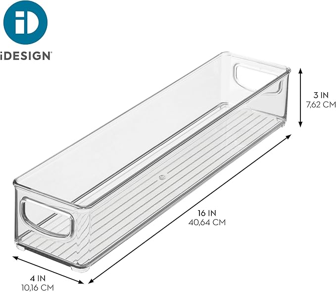 iDesign Slim Clear Plastic Storage Bin, Extra Long Narrow, 4-Pack | Stackable, For Kitchen and Pantry
