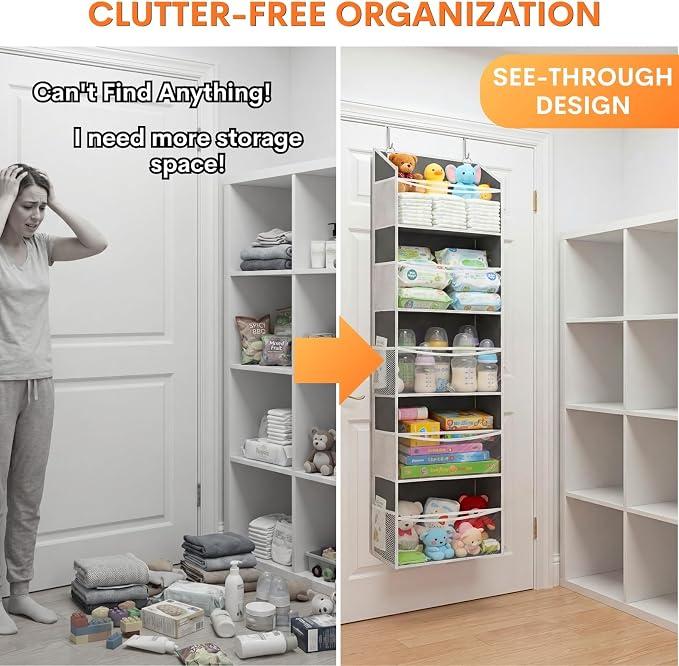 Ofiray-home Over Door Organizer with 5 Large Pockets | 5 Transparent Front Pockets & 10 Mesh Side Pockets, 50 lbs Weight Capacity Hanging Storage for Toys, Shoes, Diapers, Pantry