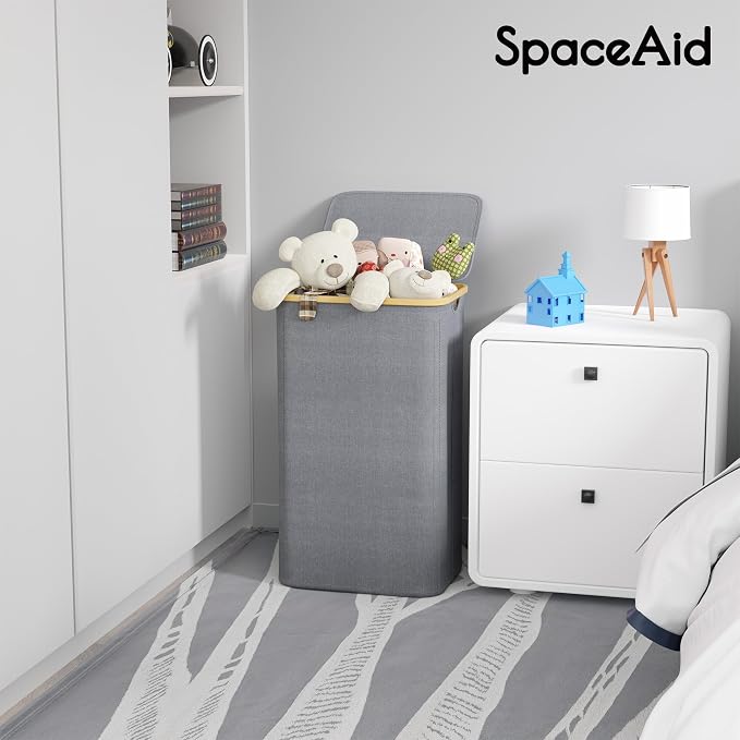 SpaceAid Laundry Hamper with Lid, 110L Large Tall Clothes Basket Bin with Bamboo Handles, Collapsible Laundry Hamper for Bedroom, Bathroom, Dorm, Laundry Room - Grey