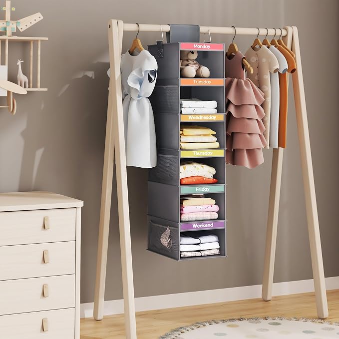 Weekly Kids Clothes Organizer 6-Shelf Hanging Closet Storage Dark Grey