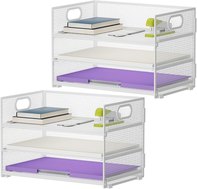 Marbrasse 3 Tier Paper Organizer Letter Tray, Mesh File Organizer with Handle, Paper Sorter Desk Organizer for Home Office Supplies - 2p White