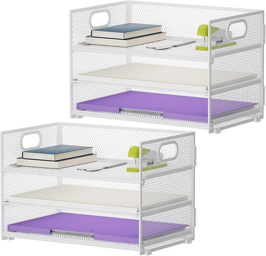 Marbrasse 3 Tier Paper Organizer Letter Tray, Mesh File Organizer with Handle, Paper Sorter Desk Organizer for Home Office Supplies - 2p White