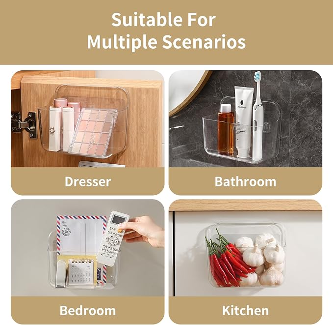 2 Pack Adhesive Cabinet Door Organizer, Compact Kitchen Under Sink Organizer, Clear Lid Storage Container for Pantry Shelves, Wall Mounted Bathroom Shower Caddy Hanging Closet Organizer