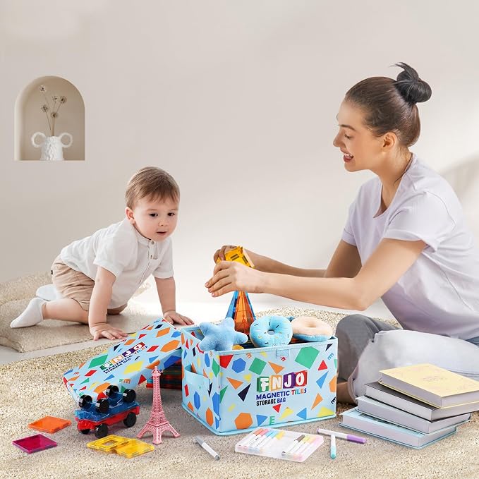 FNJO Toy Storage Bin,Foldable Toy Organizer with Lid, Playroom Organizer,Toy Holder,Storage Box for Magnetic Tiles and other gadget