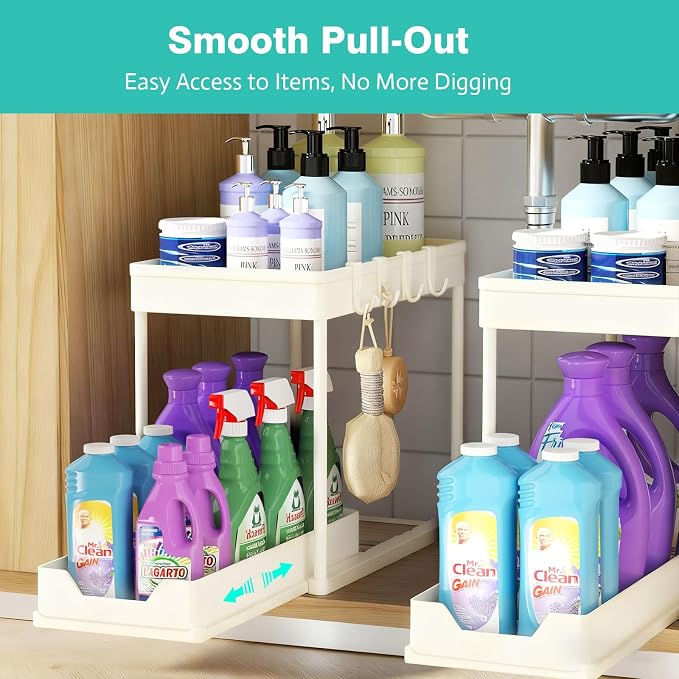 Under Sink Organizers and Storage 2 Pack, Pull-Out Sliding Cabinet Organizer with 2-Tier Storage Shelf & 4 Hooks, Multi-Purpose for Kitchen & Bathroom (13 Inch, White)
