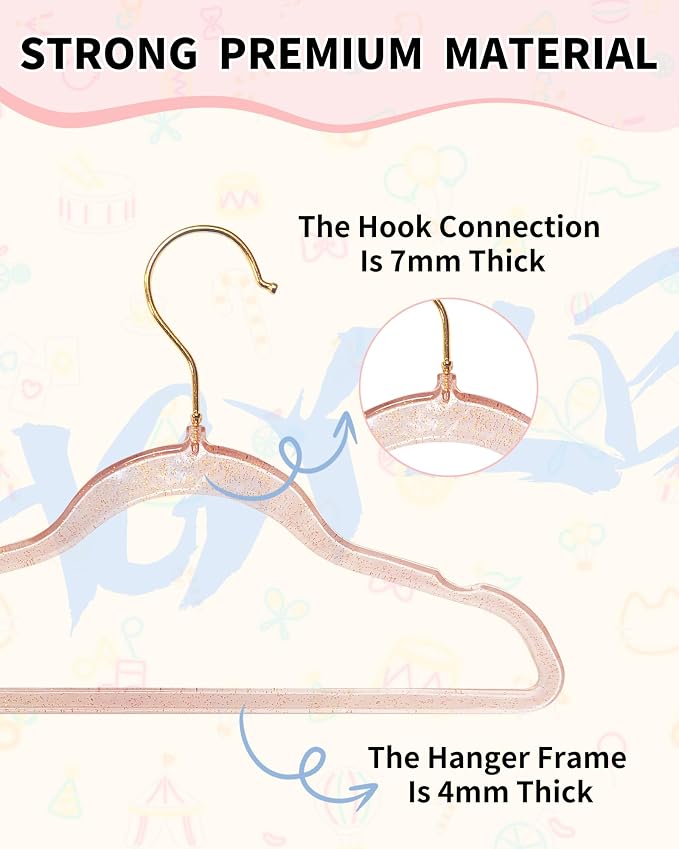 50pcs Slim Clear Toddler Hangers with 10 Connector Hooks for Kid's Closet | Swivel Golden Sparkling Baby Clothes Hangers with Gold Glitter for Infant Coat Outfit, Pink Perchas for Children Gril Nursery