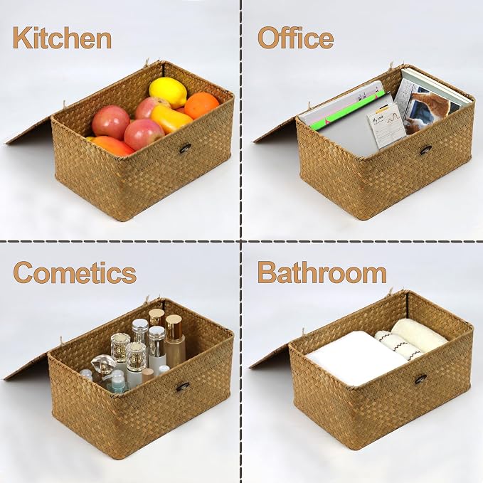 Wicker Storage Basket with Lid, Natural Seagrass Woven Shelf Basket for Storage, Rectangular Decorative Storage Bins Boxes Home Organizer Decor (Natural, Medium)