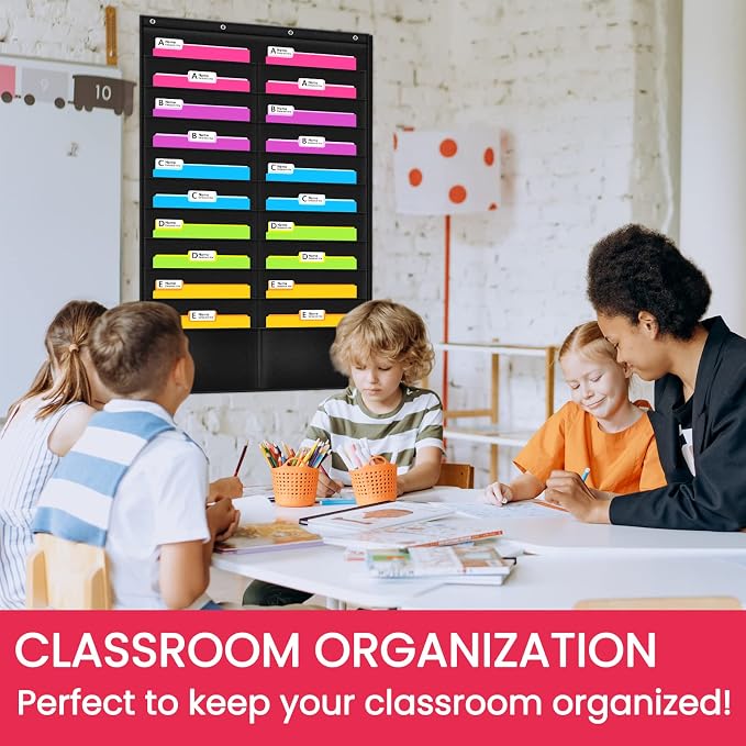 Folder Pocket Chart (Black), Cascading Wall Organizer for School, Classroom, Home or Office Use, 20 Pocket Chart Hanging Wall Organizer with 4 Hangers