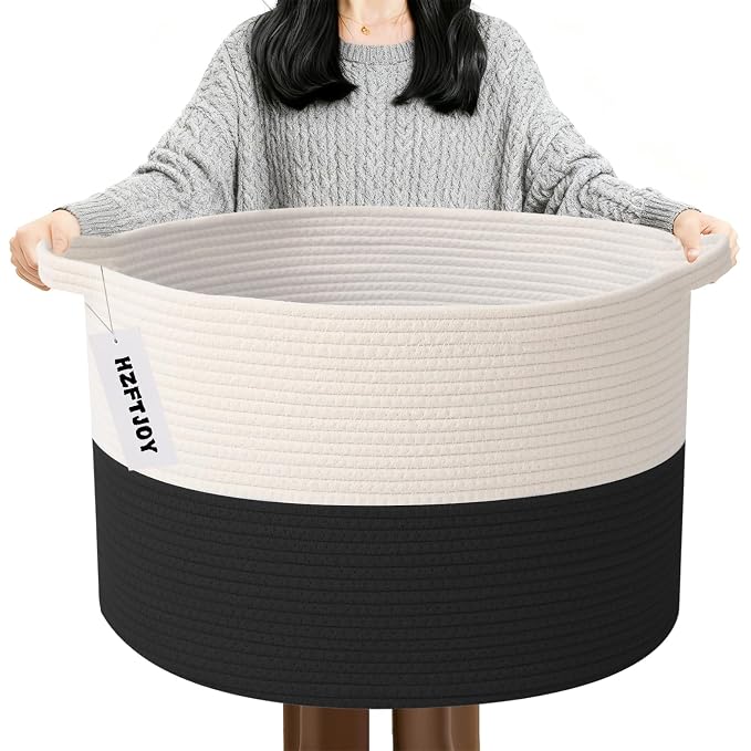 90L Extra Large Blanket Basket,Rope Woven Storage Basket with Handles, Laundry Hamper for Toys, Clothes, Pillows & Towels, Perfect for Living Room, Nursery & Bedroom,White&Black