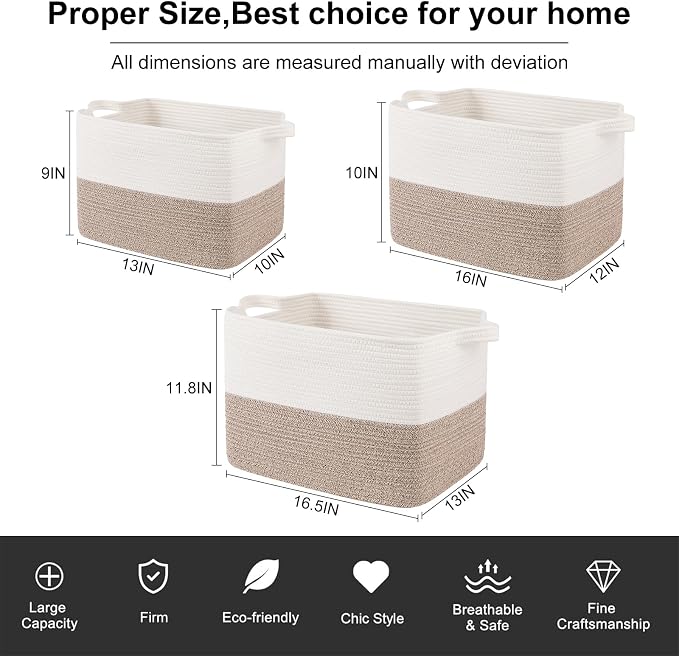 OIAHOMY Woven Storage Basket for Shelves, Rectangle Cotton Rope Baskets for Organizing, 16.5 x 13 x 11.8 in, Storage Bins for Dog Toys,Towel,Books,Gift,Brown and White